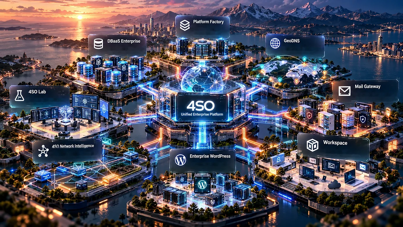همه‌ی محصولات 4SO گرد یک پلتفرم: Platform Factory، GeoDNS، Mail Gateway، Workspace، Enterprise WordPress، Network Intelligence، 4SO Lab و DBaaS Enterprise.