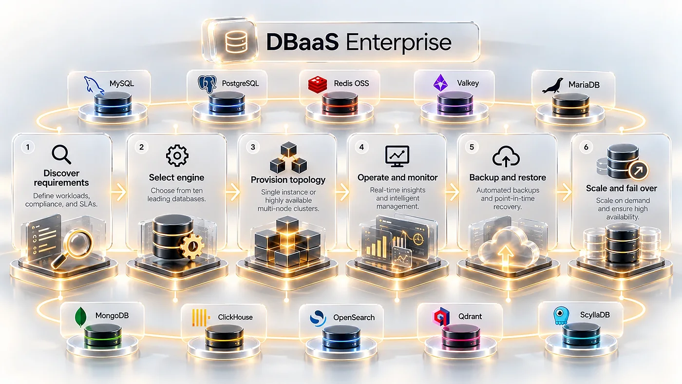 مسیر DBaaS Enterprise برای ده موتور دیتابیس: نیازسنجی، انتخاب موتور، ساخت توپولوژی، عملیات و پایش، پشتیبان‌گیری و بازیابی، مقیاس و Failover.