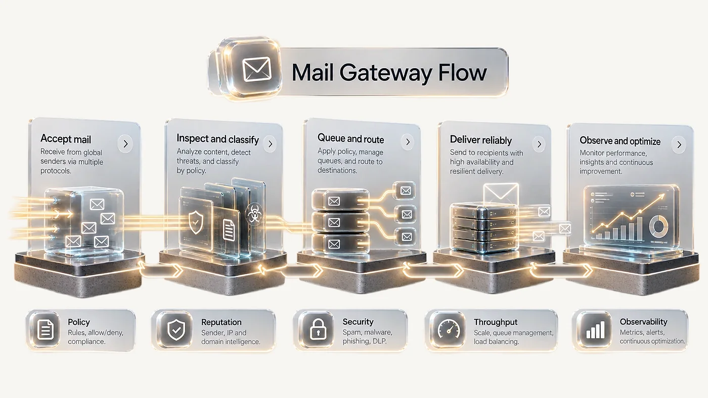 فلوی 4SO Mail Gateway: دریافت ایمیل، بازرسی و دستهبندی، صف و مسیریابی، تحویل مطمئن، مشاهده و بهینهسازی.