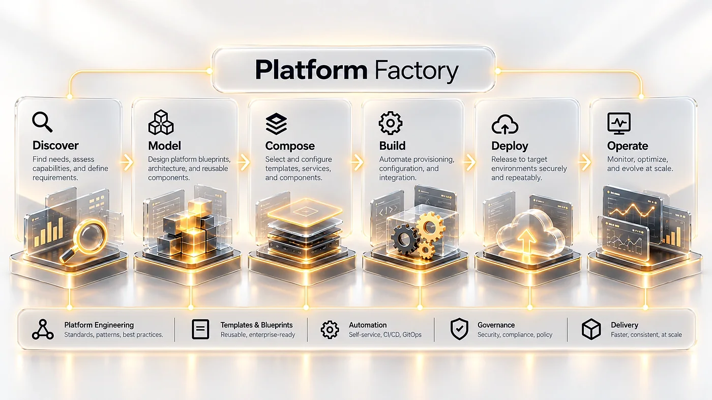 فلوی 4SO Platform Factory: کشف، مدل‌سازی، ترکیب، ساخت، استقرار، عملیات.